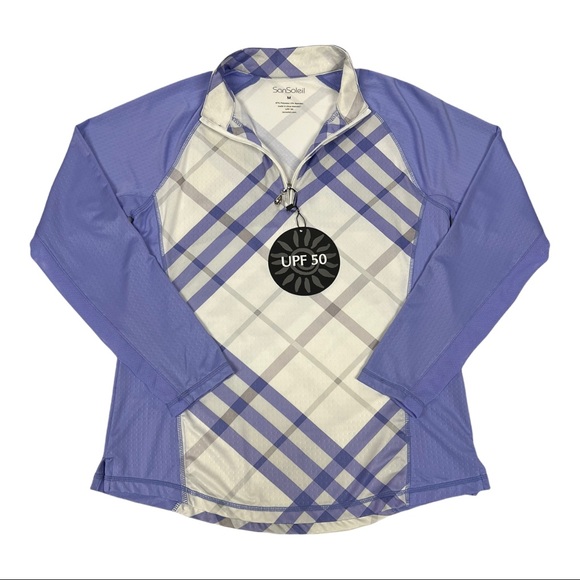 SanSoleil Long Sleeve Tech Mock Plaid Shirt Lavender Medium - Picture 1 of 10